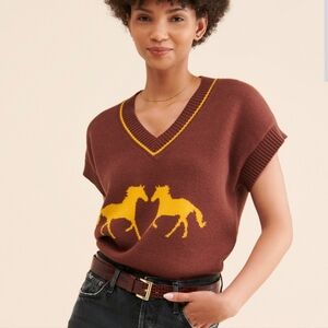 Lisa Says Gah Brown V-Neck Sweater with Yellow Horse Design